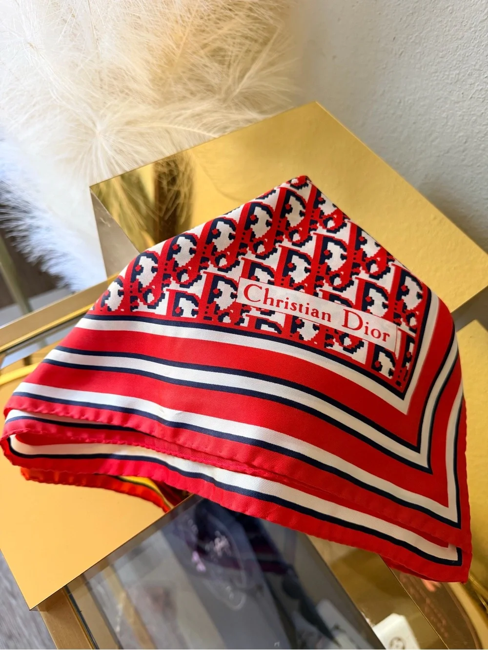 Vintage Christian Dior Silk Scarf Red Navy White Geometric Logo 27” Square
